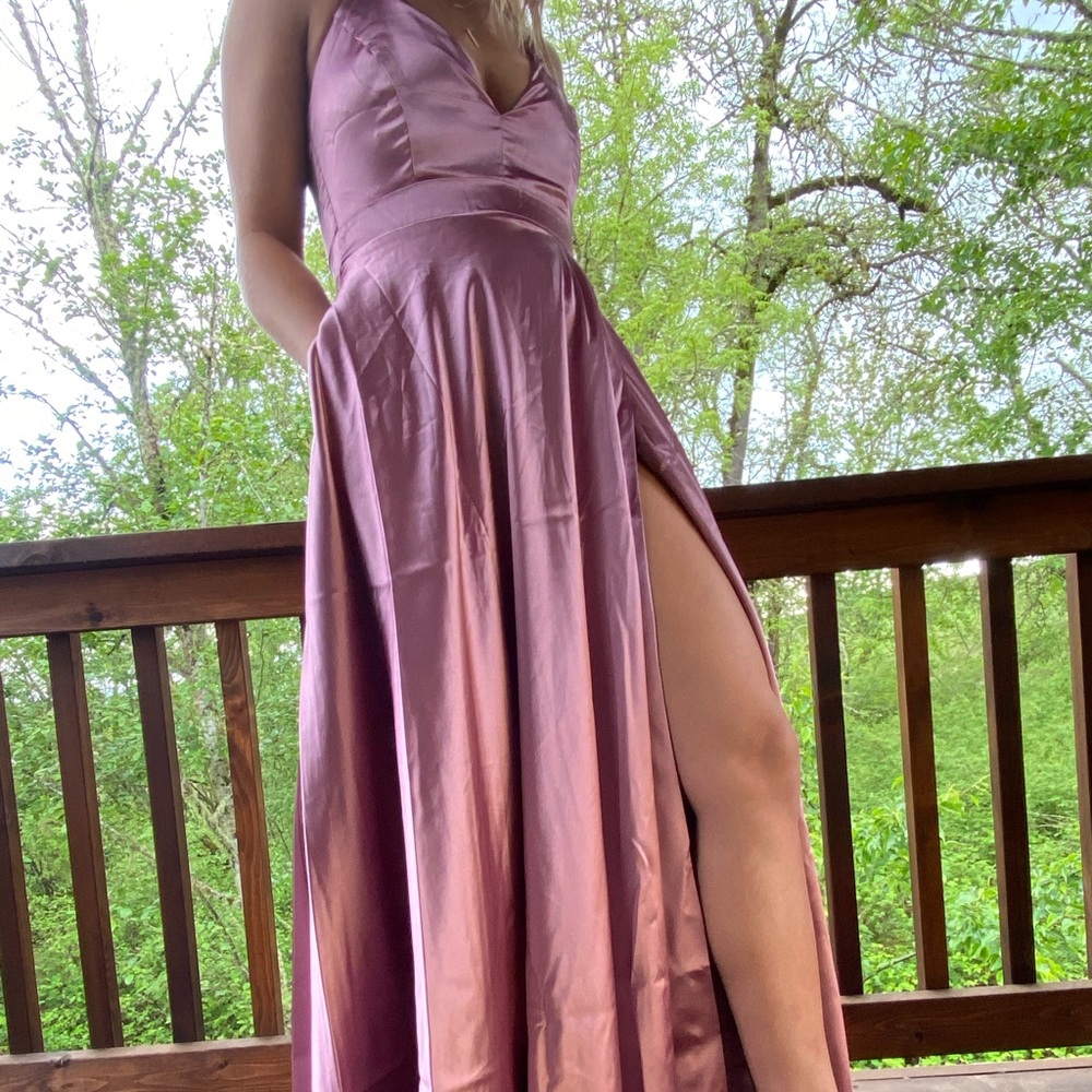 PINK FLOOR LENGTH HIGH SLIT DRESS WITH POCKETS!